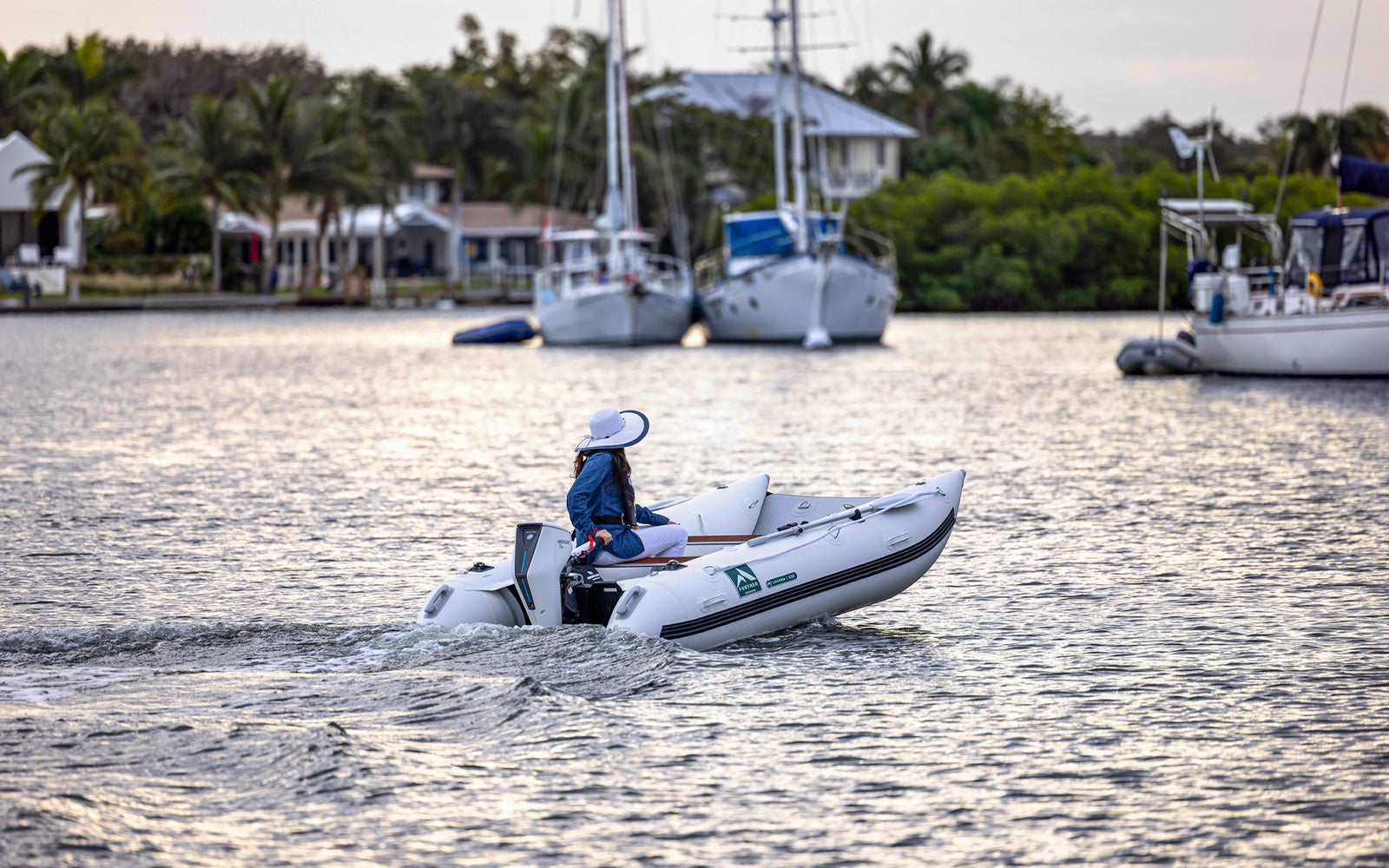 Further Customs Laguna 330 Inflatable Catamaran Dinghy Tender Packable Boat with Mercury Avator 7.5e Electric Outboard Engine Tendering to Sailboat for Shore Service