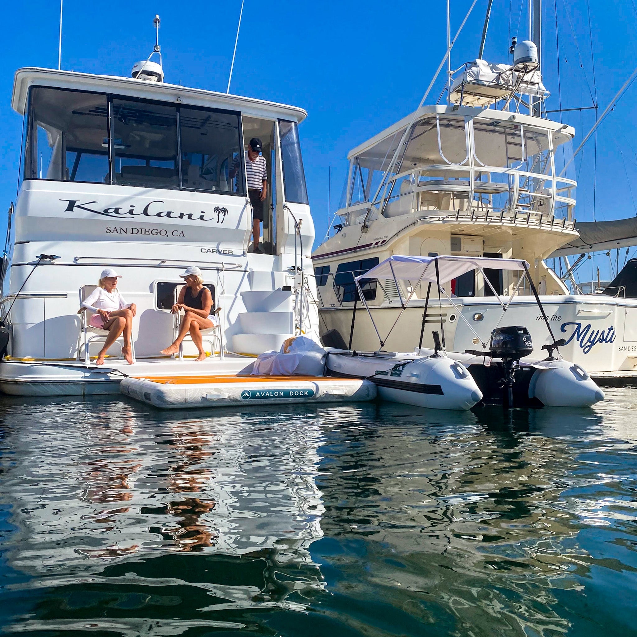 Further Customs Laguna 330 Inflatable Catamaran Yacht Tender and 778 Avalon Dock Inflatable Swim Platform behind Boat in San Diego, CA