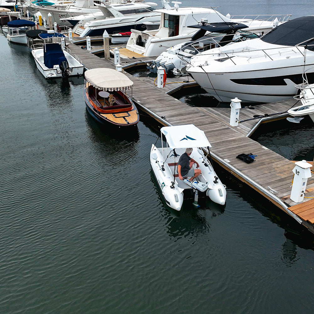 Further Customs Laguna Inflatable Catamaran Kit Yacht Tender and ePropulsion Spirit 1.0 Electric Outboard Engine at Newport Beach Marina in California